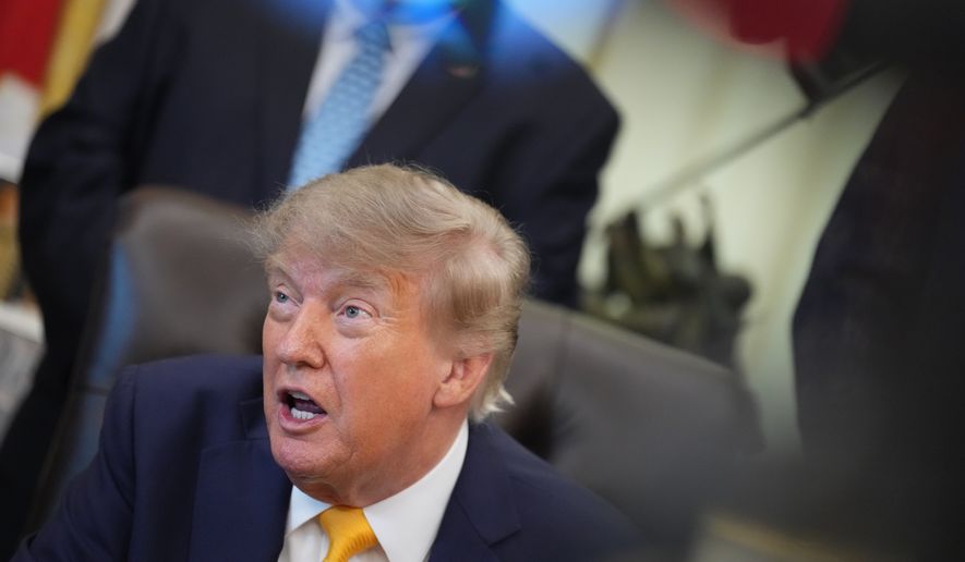 President Donald Trump speaks and announces action to help farmers and ranchers, as a group of farmers and ranchers stand behind, Friday, Sept. 4, 2026, in the Oval Office of the White House, in Washington. (AP Photo/Jacquelyn Martin)