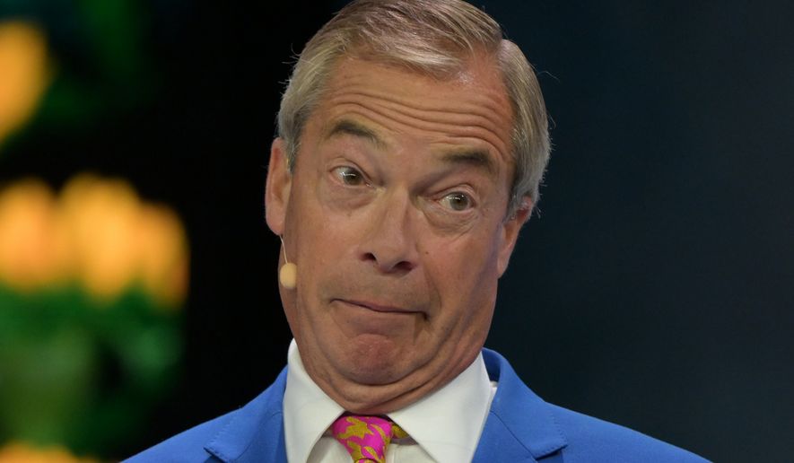 Reform Party Leader Nigel Farage speaks during a special tribute to Ann Widdecombe at the Reform party's annual conference at the National Exhibition Centre in Birmingham, England, Friday, Sept. 4, 2026. (AP Photo/Thomas Krych)