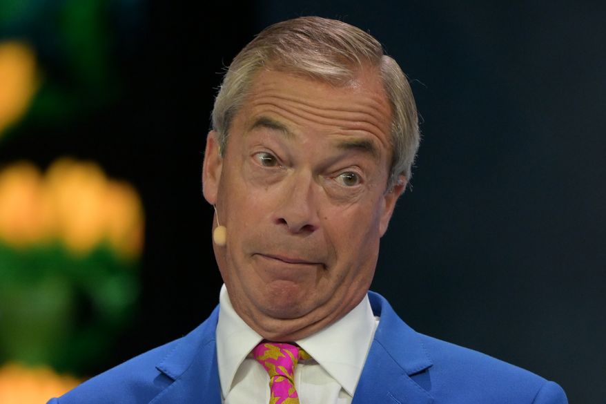 Reform Party Leader Nigel Farage speaks during a special tribute to Ann Widdecombe at the Reform party's annual conference at the National Exhibition Centre in Birmingham, England, Friday, Sept. 4, 2026. (AP Photo/Thomas Krych)