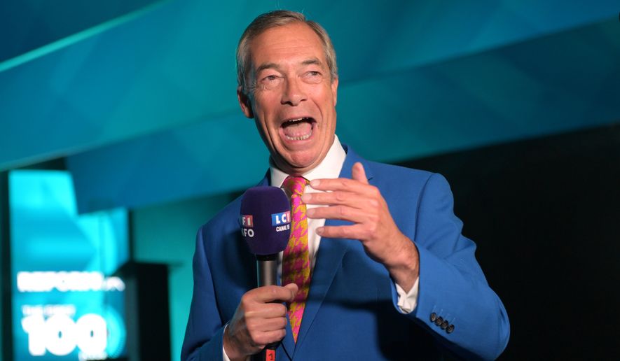 Reform party leader Nigel Farage speaks to the media during the Reform U.K. party's annual conference at the National Exhibition Centre in Birmingham, England, Friday, Sept. 4, 2026. (AP Photo/Thomas Krych)