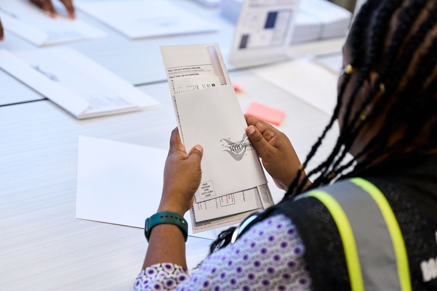 Wake County Board of Elections employees prepare absentee ballots to be mailed on Thursday, Sept. 3, 2026, in Raleigh, N.C. (AP Photo/Matt Ramey)