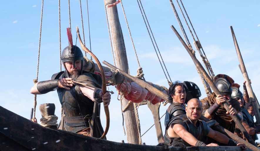 This image released by Universal Pictures shows Matt Damon as Odysseus, left, in a scene from "The Odyssey." (Melinda Sue Gordon/Universal Pictures via AP)