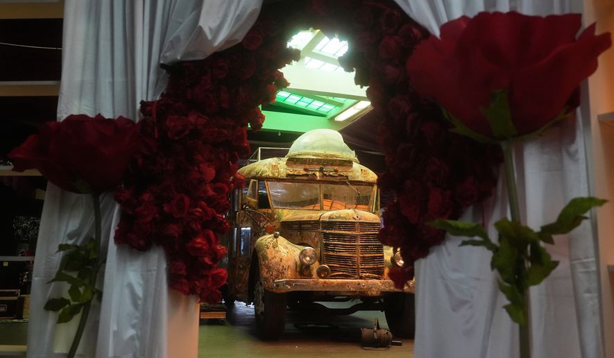 Ken Kesey's psychedelic bus "Furthur" is displayed at the Forever Grateful exhibit presented by the Haight Street Art Center at the County Fair Building in Golden Gate Park, Tuesday, Sept. 1, 2026, in San Francisco. (AP Photo/Jeff Chiu)