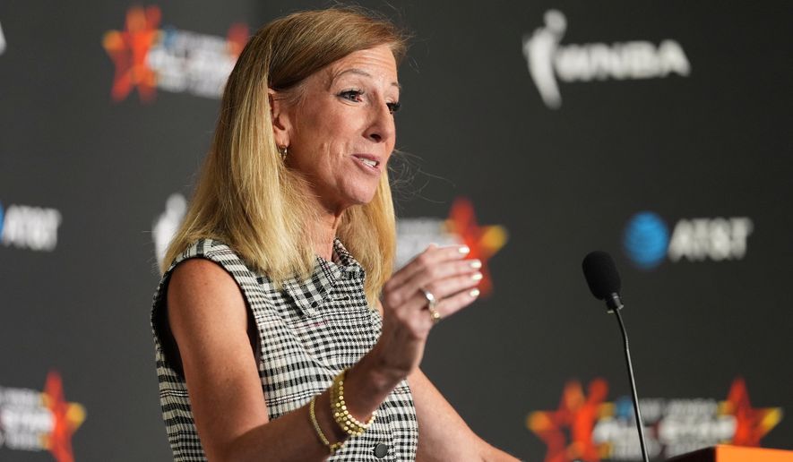 WNBA Commissioner Cathy Engelbert speaks during a news conference before the WNBA All-Star basketball game in Indianapolis on July 19, 2025. (AP Photo/Michael Conroy) **FILE**