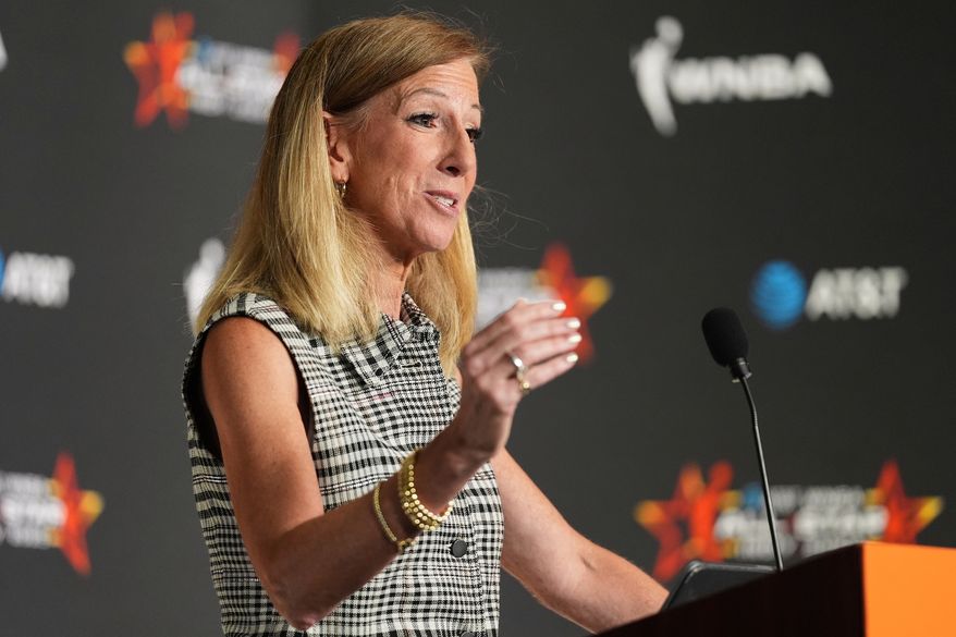 WNBA Commissioner Cathy Engelbert speaks during a news conference before the WNBA All-Star basketball game in Indianapolis on July 19, 2025. (AP Photo/Michael Conroy) **FILE**