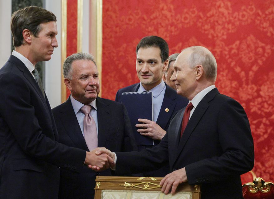 Russian President Vladimir Putin, right, greets U.S. President Donald Trump's envoys Steve Witkoff, second left, and Jared Kushner prior to the talks at the Senate Palace of the Kremlin, in Moscow, on Saturday, Sept. 5, 2026. (Sputnik, Kremlin Pool Photo via AP)