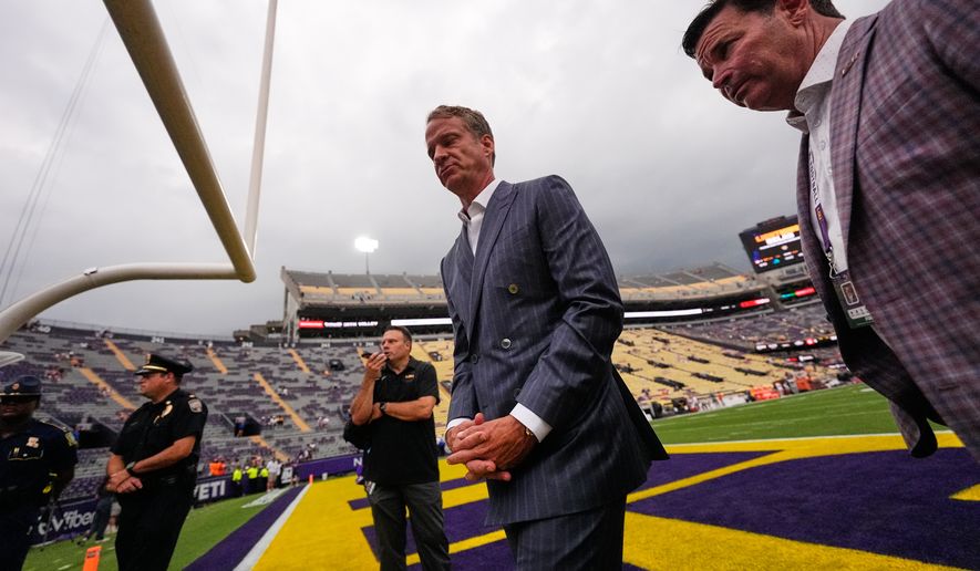 LSU head coach Lane Kiffin talks on the field before an NCAA college football game against Clemson, Saturday, Sept. 5, 2026 in Baton Rouge, La. (AP Photo/Gerald Herbert)