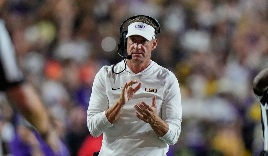 LSU head coach Lane Kiffin reacts in the first half of an NCAA college football game against Clemson, Saturday, Sept. 5, 2026 in Baton Rouge, La. (AP Photo/Gerald Herbert)