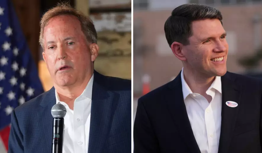 At left, Texas Attorney General Ken Paxton speaks in McKinney, Texas, May 19, 2026, and at right, Texas state Rep. James Talarico, after voting, in Austin, Texas, Feb. 17, 2026. (AP Photo/LM Otero and Eric Gay, File)
