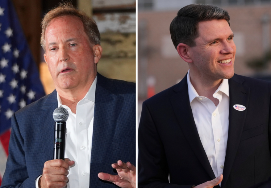 At left, Texas Attorney General Ken Paxton speaks in McKinney, Texas, May 19, 2026, and at right, Texas state Rep. James Talarico, after voting, in Austin, Texas, Feb. 17, 2026. (AP Photo/LM Otero and Eric Gay, File)