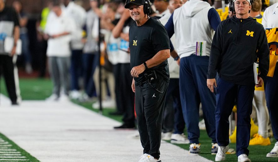 Michigan head coach Kyle Whittingham watches against Western Michigan during the first half of an NCAA college football game Saturday, Sept. 5, 2026, in Ann Arbor, Mich. (AP Photo/Paul Sancya)
