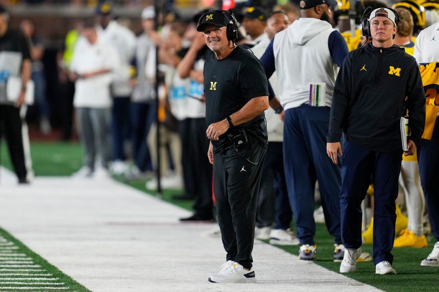 Michigan head coach Kyle Whittingham watches against Western Michigan during the first half of an NCAA college football game Saturday, Sept. 5, 2026, in Ann Arbor, Mich. (AP Photo/Paul Sancya)