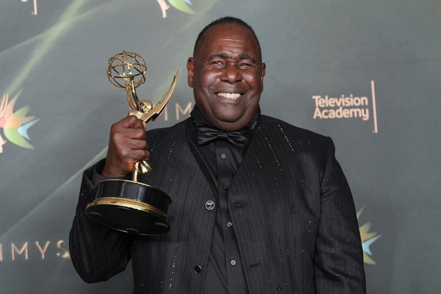 Ernest Harden Jr. poses in the press room with the award for outstanding guest actor in a drama series for "The Pitt" during night two of the Creative Arts Emmy Awards on Sunday, Sept. 6, 2026, in Los Angeles. (AP Photo/Chris Pizzello)