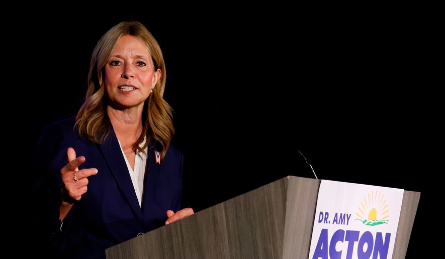 FILE - Democratic gubernatorial candidate Dr. Amy Acton speaks at a primary election night campaign event after winning the party's nomination for governor on May 5, 2026, in Columbus, Ohio. (AP Photo/Jay LaPrete, File)