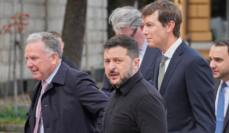 Ukraine's President Volodymyr Zelenskyy, center, and U.S. President Donald Trump's envoys Jared Kushner, right, and Steve Witkoff, left, walk prior to their talks in Kyiv, Ukraine, Sunday, Sept. 6, 2026. (AP Photo/Efrem Lukatsky)