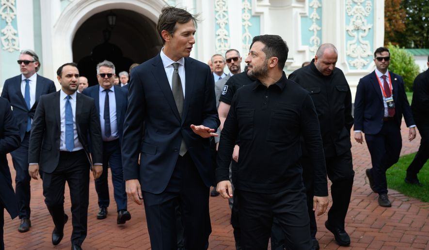In this photo provided by the Ukrainian Presidential Press Office, Ukraine's President Volodymyr Zelenskyy, right, and U.S. President Donald Trump's envoy Jared Kushner talk in Kyiv, Ukraine, Sunday, Sept. 6, 2026. (Ukrainian Presidential Press Office via AP)