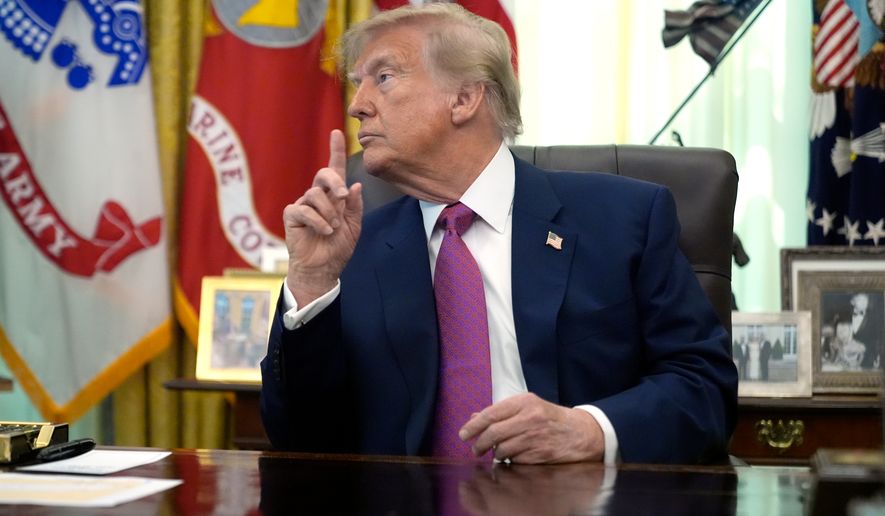 President Donald Trump gestures in the Oval Office of the White House, Thursday, Aug. 27, 2026, in Washington. (AP Photo/Manuel Balce Ceneta)