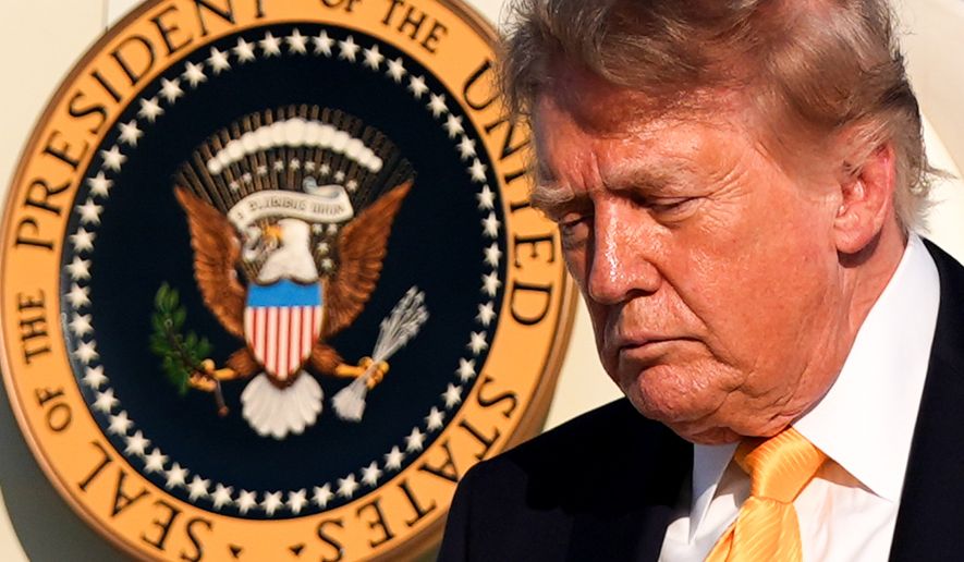 President Donald Trump disembarks Air Force One at Morristown Airport, Friday, Sept. 4, 2026, in Morristown, N.J. (AP Photo/Julia Demaree Nikhinson)