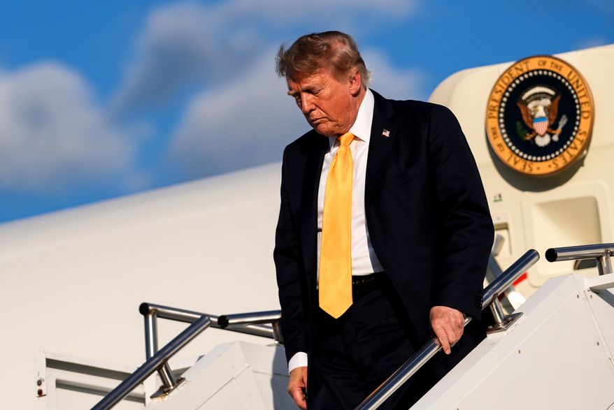 President Donald Trump disembarks Air Force One at Morristown Airport, Friday, Sept. 4, 2026, in Morristown, N.J. (AP Photo/Julia Demaree Nikhinson)