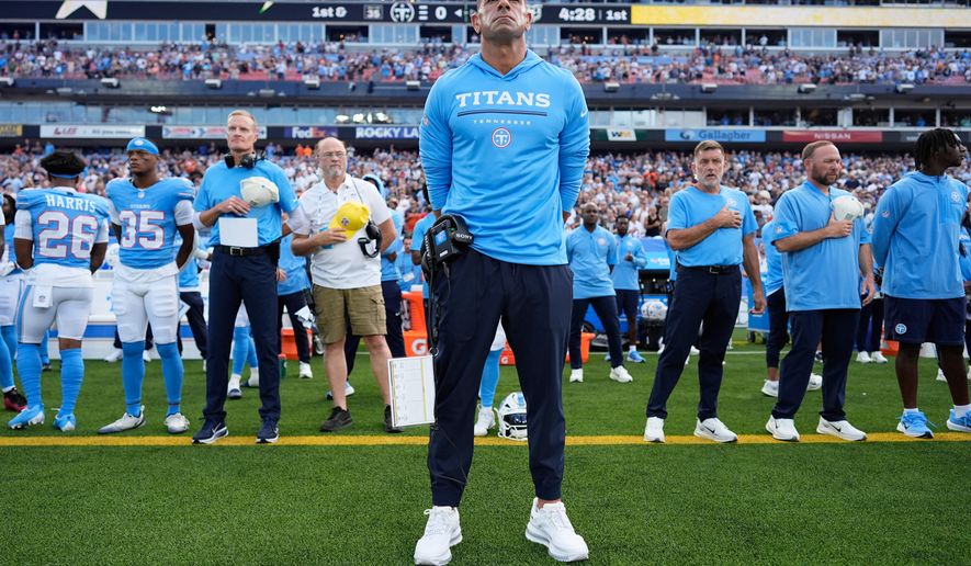 Tennessee Titans head coach Robert Saleh looks on prior to a preseason NFL football game against the Chicago Bears, Saturday, Aug. 29, 2026, in Nashville, Tenn. (AP Photo/George Walker IV)