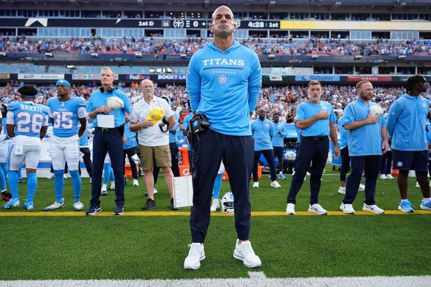 Tennessee Titans head coach Robert Saleh looks on prior to a preseason NFL football game against the Chicago Bears, Saturday, Aug. 29, 2026, in Nashville, Tenn. (AP Photo/George Walker IV)