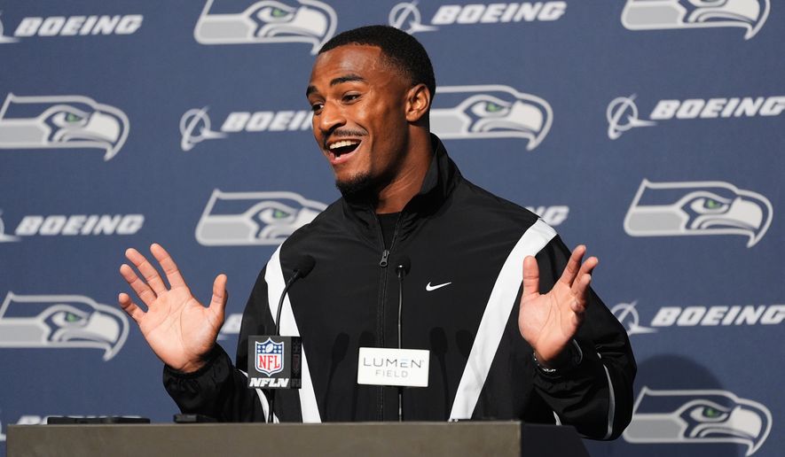 Seattle Seahawks wide receiver Montorie Foster Jr. responds to a question during a news conference after an NFL preseason football game against the Dallas Cowboys, Saturday, Aug. 15, 2026, in Seattle. (AP Photo/Lindsey Wasson)