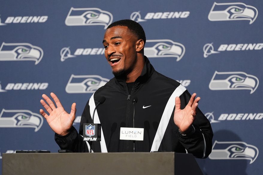 Seattle Seahawks wide receiver Montorie Foster Jr. responds to a question during a news conference after an NFL preseason football game against the Dallas Cowboys, Saturday, Aug. 15, 2026, in Seattle. (AP Photo/Lindsey Wasson)