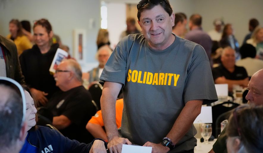 Troy Jackson, Democratic candidate for U.S. Senate, speaks to attendees at the Southern Maine Labor Council breakfast, Monday, Sept. 7, 2026, in South Portland, Maine. (AP Photo/Robert F. Bukaty)