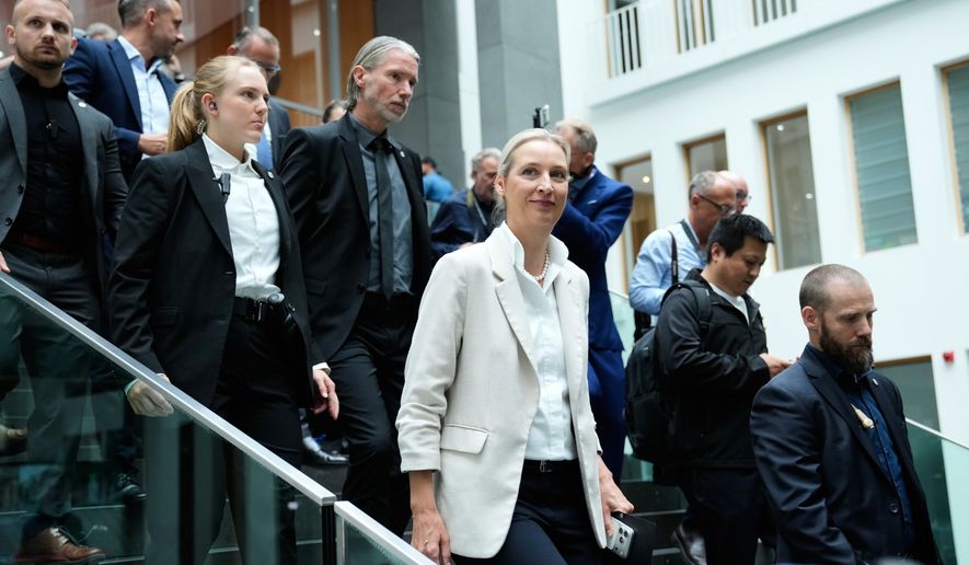 Co-leader of Alternative for Germany party, or AfD, Alice Weidel, leaves for a press conference in Berlin, Germany, Monday, Sept. 7, 2026. (AP Photo/Ebrahim Noroozi)