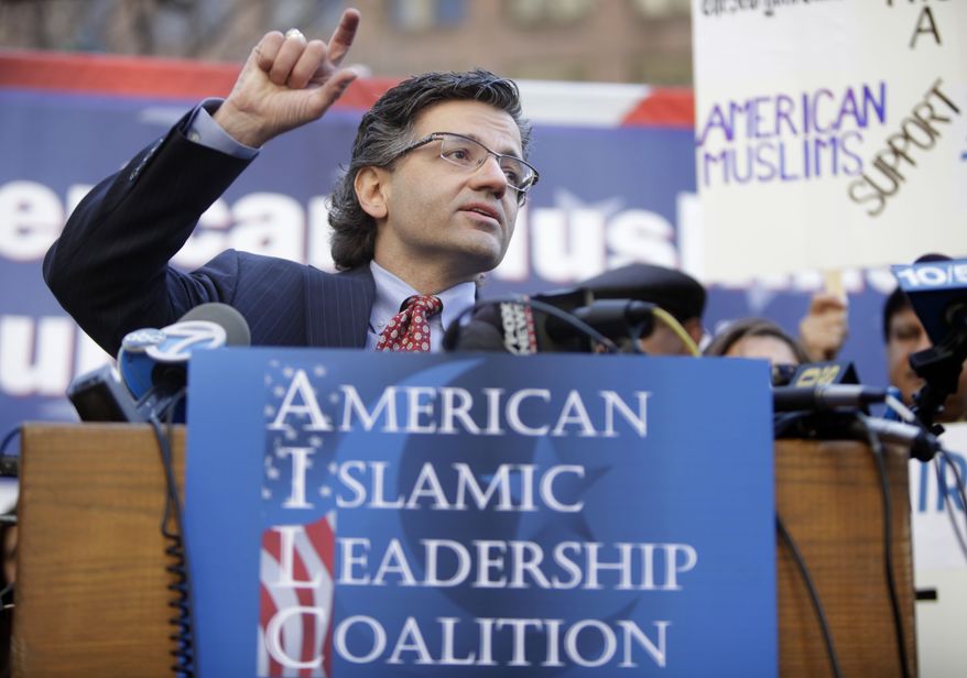 Zuhdi Jasser speaks during a news conference in front of police headquarters in New York on Monday, March 5, 2012. Jasser was there with dozens of activists to demonstrate their support for the NYPD and their surveillance of Muslim groups across the Northeast. (AP Photo/Seth Wenig) **FILE**