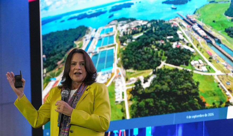 Incoming Panama Canal Administrator Ilya Espino de Marotta speaks during an international financial summit in Panama City, Friday, Sept. 4, 2026. (AP Photo/Matias Delacroix)