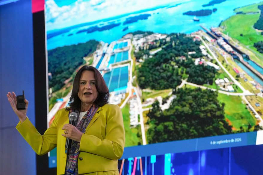 Incoming Panama Canal Administrator Ilya Espino de Marotta speaks during an international financial summit in Panama City, Friday, Sept. 4, 2026. (AP Photo/Matias Delacroix)