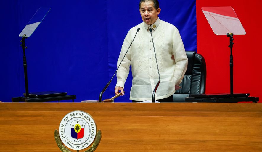 FILE - House Speaker Martin Romualdez hears the decision of members of Congress to impeach Vice President Sara Duterte at the House of Representatives in Quezon City in Manila, Philippines, Wednesday, Feb.5, 2025. (AP Photo/Gerard Carreon, File)