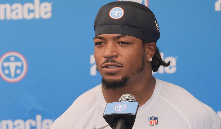 Tennessee Titans linebacker Cedric Gray speaks at a news conference after a joint practice with the San Francisco 49ers at the 49ers' NFL football training camp, Tuesday, Aug. 11, 2026, in Santa Clara, Calif. (AP Photo/Jeff Chiu)