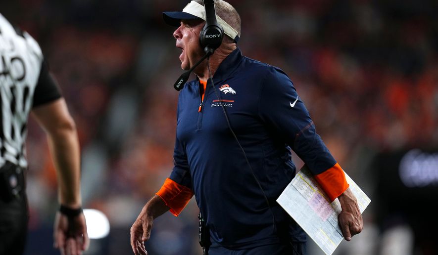Denver Broncos head coach Sean Payton reacts to a call during the first half of a preseason NFL football game against the Minnesota Vikings, Friday, Aug. 28, 2026, in Denver. (AP Photo/Jack Dempsey)