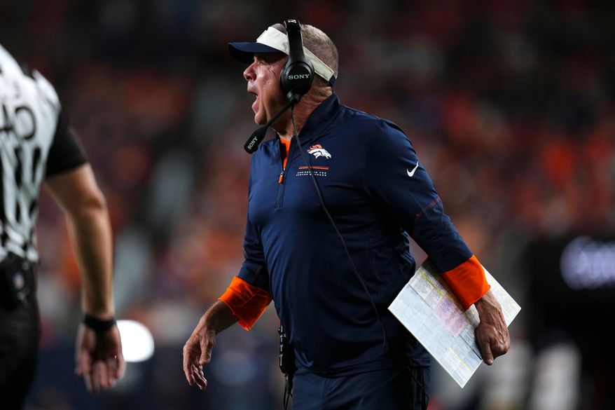 Denver Broncos head coach Sean Payton reacts to a call during the first half of a preseason NFL football game against the Minnesota Vikings, Friday, Aug. 28, 2026, in Denver. (AP Photo/Jack Dempsey)