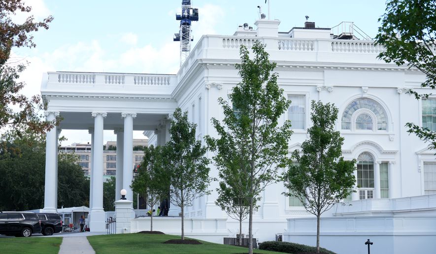Scaffolding has been removed from columns at the North Portico of the White House, Tuesday, Sept. 8, 2026, in Washington. (AP Photo/Jacquelyn Martin)