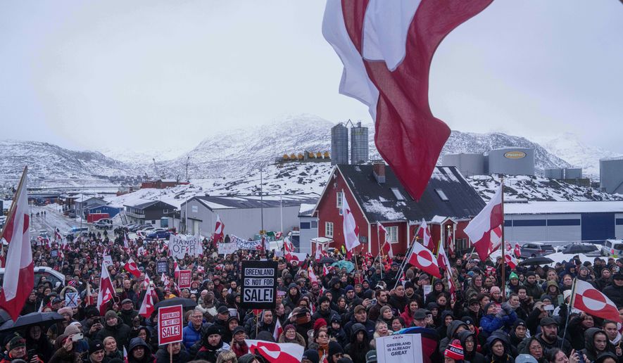 People protest against Trump's policy towards Greenland in front of the U.S. consulate in Nuuk, Greenland, on Jan. 17, 2026. (AP Photo/Evgeniy Maloletka) **FILE**