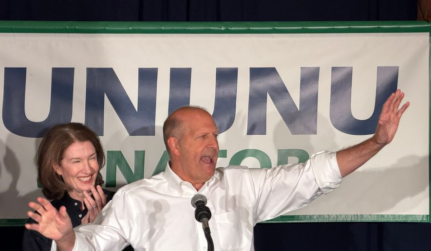 Republican U.S. Senate nominee John E. Sununu gesturing while addressing supporters in Manchester, N.H., on Tuesday, Sept. 8, 2026, shortly after winning his party's primary election. (AP Photo/Rodrique Ngowi)