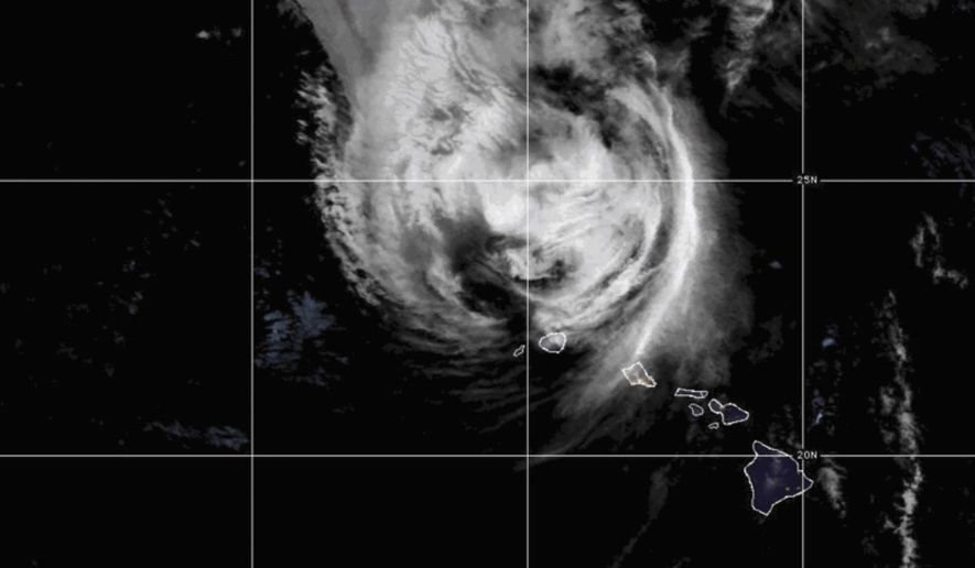 This satellite image provided by NOAA shows Hurricane Lowell near Hawaii on Tuesday, Sept. 8, 2026. (NOAA via AP)