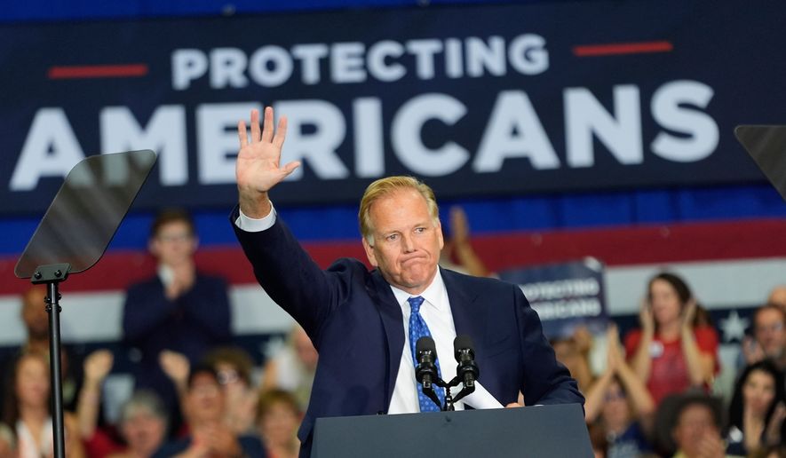Republican Senate candidate Mike Rogers speaks at Universal Contracting and Urban Tree Trimming, Monday, Aug. 31, 2026, in Sterling Heights, Mich. (AP Photo/Paul Sancya) ** FILE **