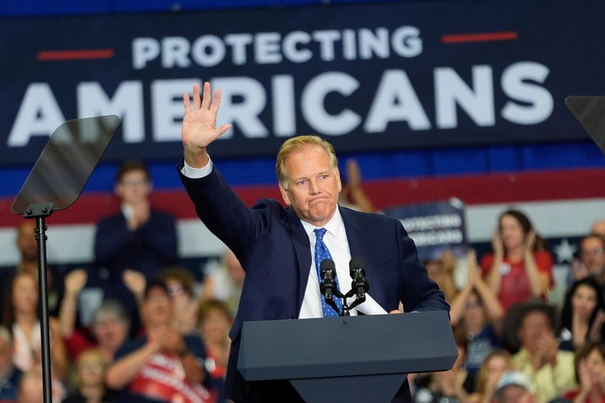 Republican Senate candidate Mike Rogers speaks at Universal Contracting and Urban Tree Trimming, Monday, Aug. 31, 2026, in Sterling Heights, Mich. (AP Photo/Paul Sancya) ** FILE **