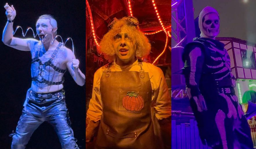 Moments inside and outside Universal Orlando's Halloween Horror Nights 2026 including encounters with sword swallower Auzzy Blood, Dr. Pumpkinspyce and Fortnightmare's Skull Trooper. (Photographs by Jacquie Kubin / Special to The Washington Times)