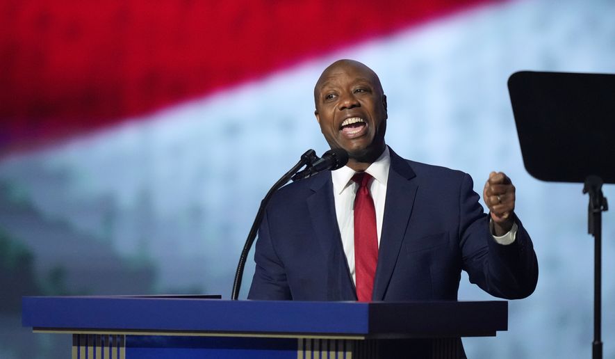 Sen. Tim Scott, R-S.C., speaks at the Republican convention Wednesday, Sept. 9, 2026, in Dallas. (AP Photo/Alex Brandon)