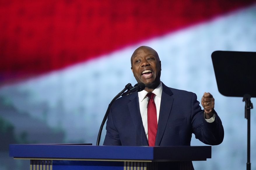 Sen. Tim Scott, R-S.C., speaks at the Republican convention Wednesday, Sept. 9, 2026, in Dallas. (AP Photo/Alex Brandon)