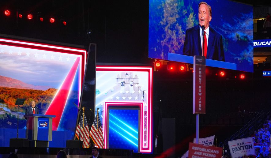 Republican U.S. Senate candidate Texas Attorney General Ken Paxton speaks at the Republican convention Wednesday, Sept. 9, 2026, in Dallas. (AP Photo/Julio Cortez)