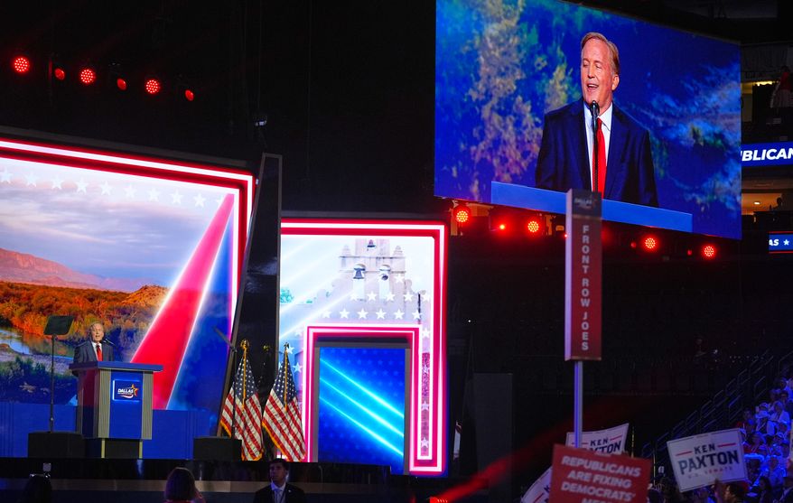 Republican U.S. Senate candidate Texas Attorney General Ken Paxton speaks at the Republican convention Wednesday, Sept. 9, 2026, in Dallas. (AP Photo/Julio Cortez)
