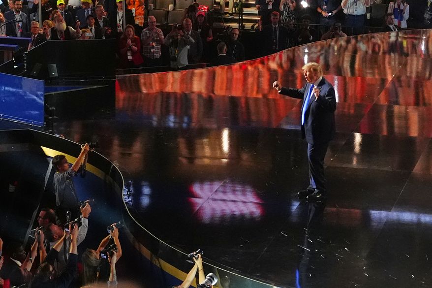President Donald Trump dances on stage after speaking at the Republican convention, Wednesday, Sept. 9, 2026, in Dallas. (AP Photo/Julia Demaree Nikhinson)