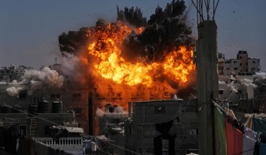 An explosion erupts following an Israeli airstrike in Gaza City, Wednesday, Sept. 9, 2026. (AP Photo/Jehad Alshrafi)