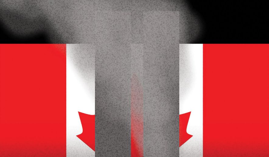 The United States of America and support from Canada during 9/11 attacks illustration by Alexander Hunter/The Washington Times